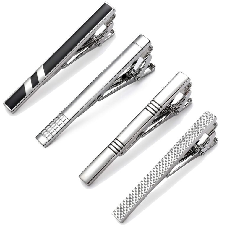 Four silver tie clips with different designs, on a white background