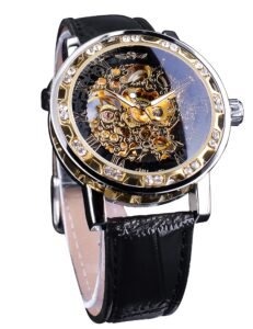 Skeleton watch with gold accents, diamonds, and black leather band