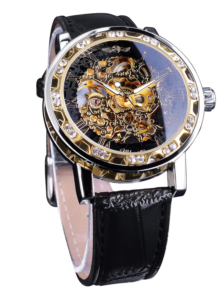 Skeleton watch with gold accents, diamonds, and black leather band